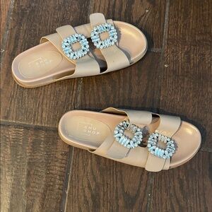 Shu Shop Beige Slide Sandals with Embellished Buckles